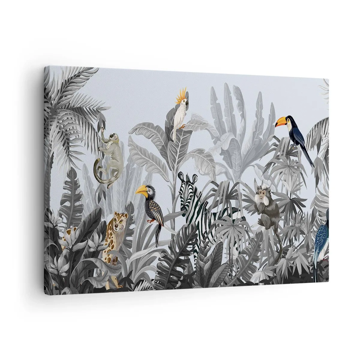 Schilderen op canvas - Tropische jungle met exotische dieren op een grijze achtergrond - 70x50cm - Afrikaans sprookje - Moderne wanddecoratie voor woonkamer en slaapkamer ARTTOR