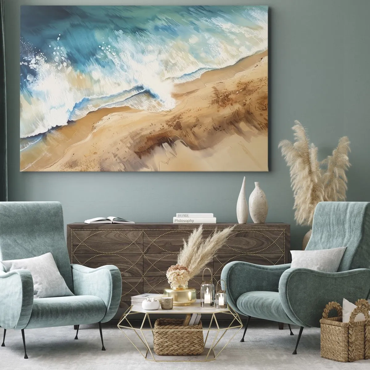 Schilderen op canvas - Een zeegolf die tegen de zandige kust beukt - 70x50cm - De terugkerende golf - Moderne wanddecoratie voor woonkamer en slaapkamer ARTTOR