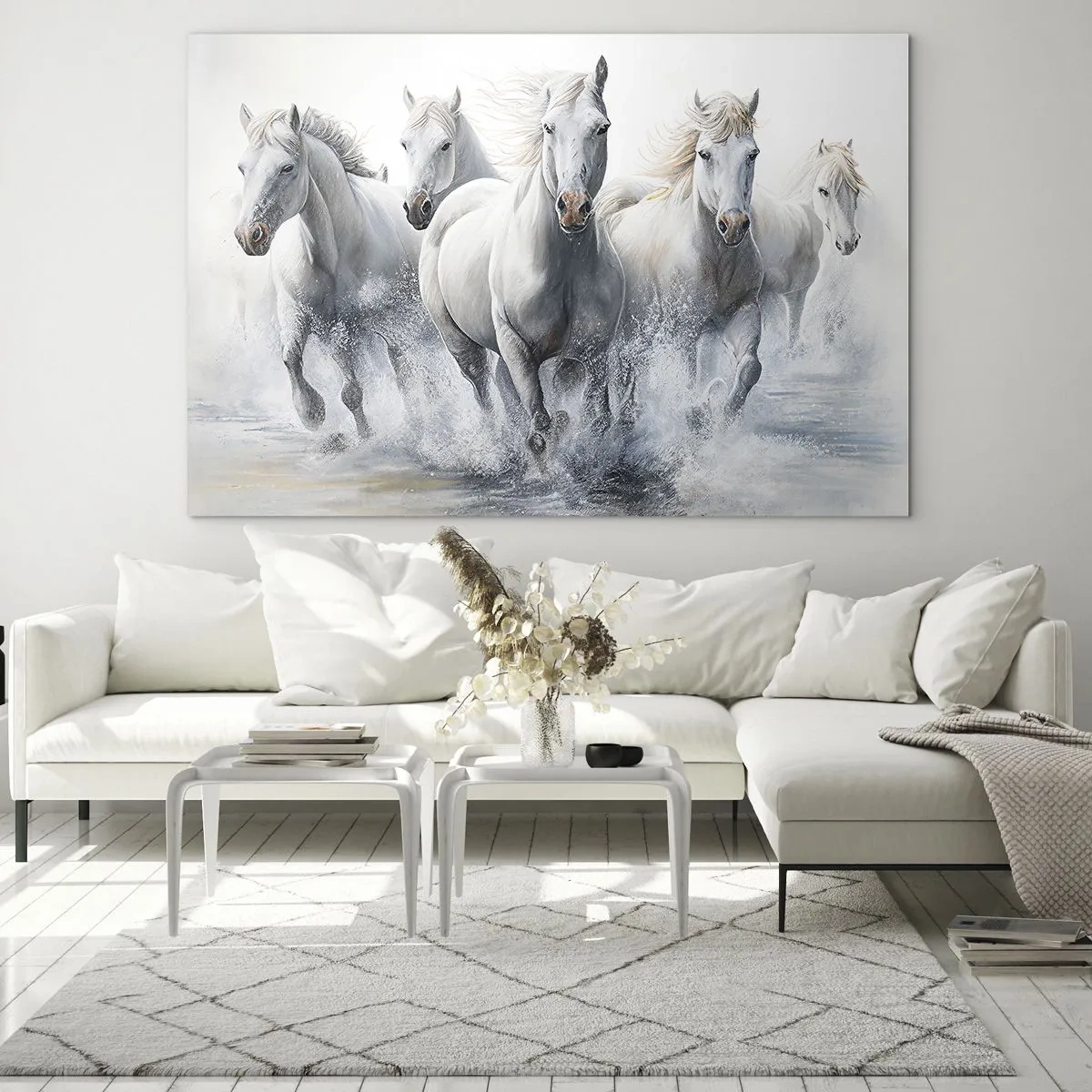 Schilderen op glas - Witte paarden galopperen door het water in een dynamische compositie - 70x50cm - Witte magie - Moderne wanddecoratie voor woonkamer en slaapkamer ARTTOR