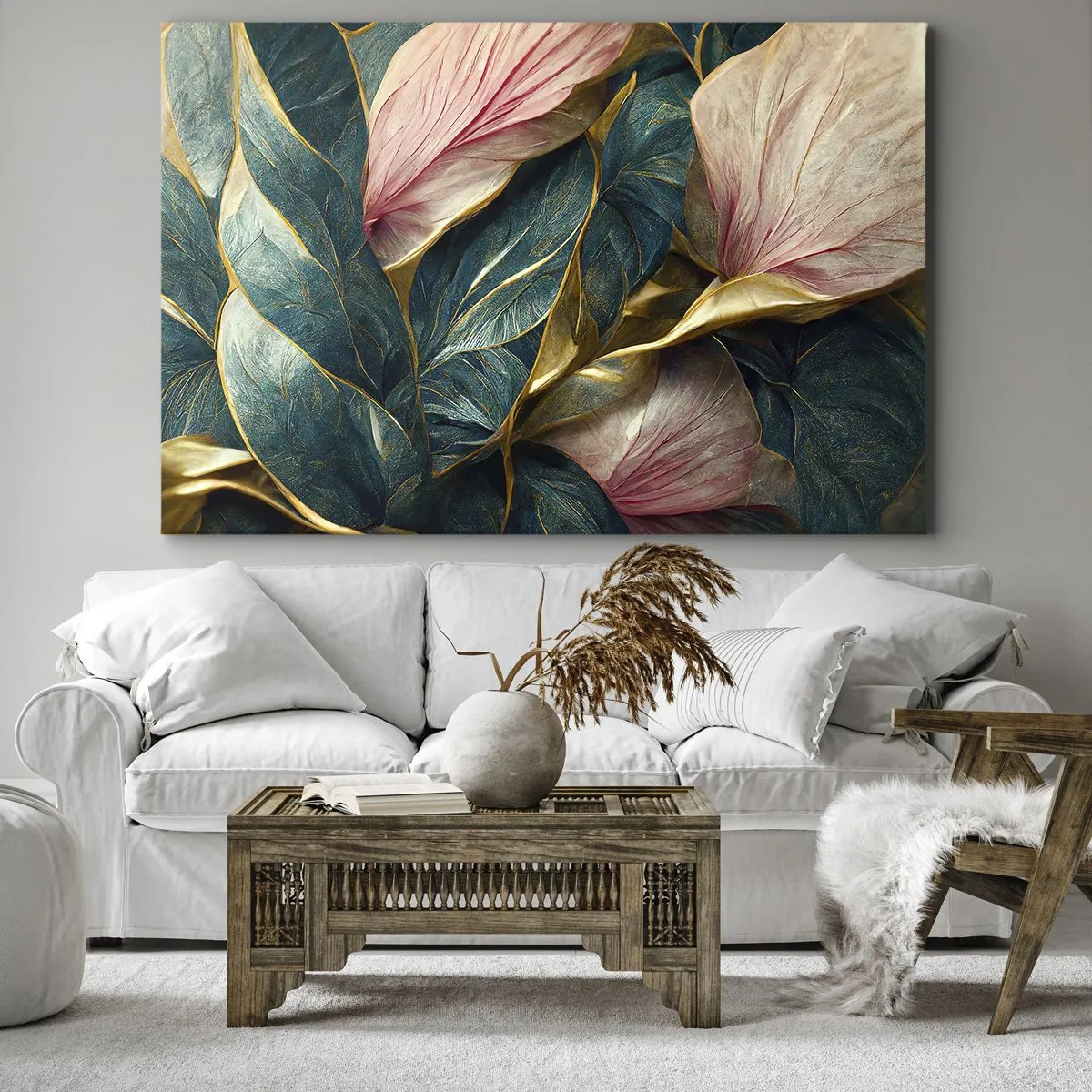 Schilderen op canvas - Elegante bladeren in groen, goud en roze - 70x50cm - Natuurlijke elegantie en stijl - Moderne wanddecoratie voor woonkamer en slaapkamer ARTTOR