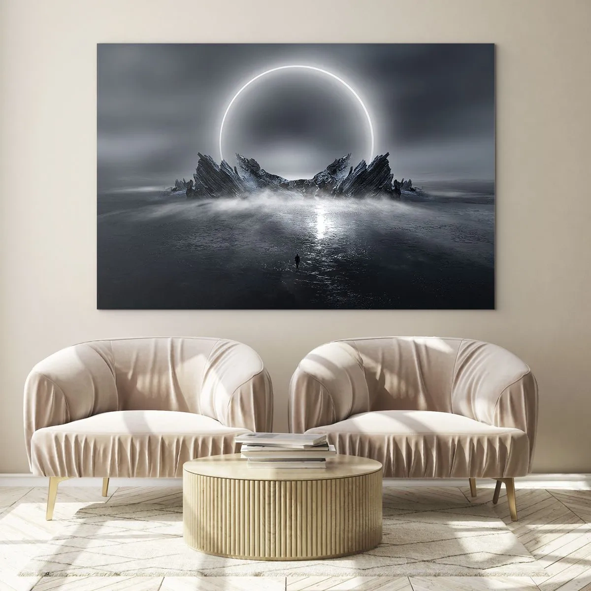 Schilderen op glas - Duistere scène met zonsverduistering en rotsachtig eiland - 70x50cm - Einde van het verhaal - Moderne wanddecoratie voor woonkamer en slaapkamer ARTTOR