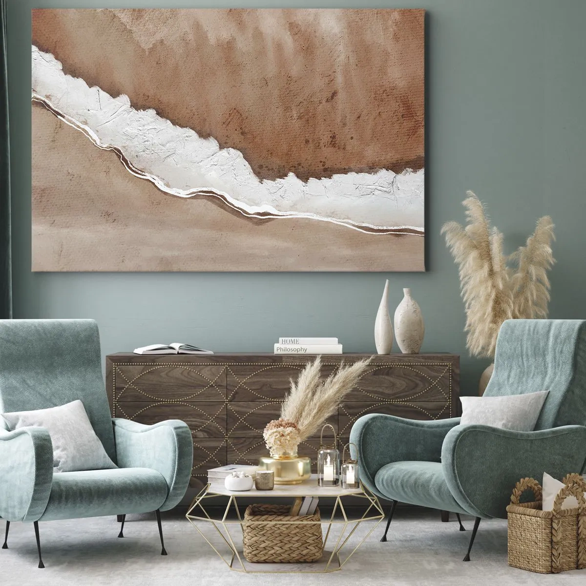 Schilderen op canvas - Zandtextuur met witte accenten - 70x50cm - In aardetinten - Moderne wanddecoratie voor woonkamer en slaapkamer ARTTOR