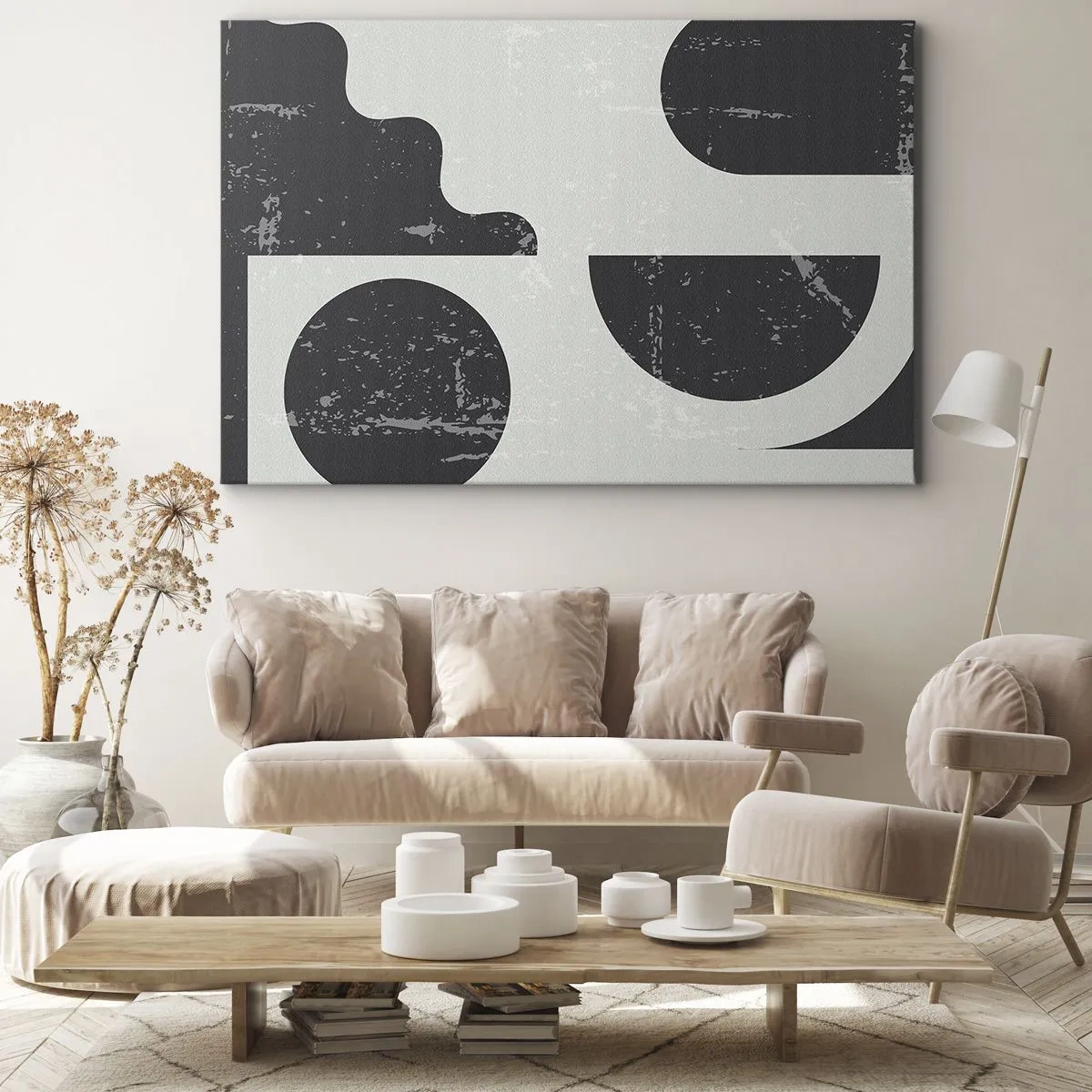 Schilderen op canvas - Geometrische patronen in tinten zwart en grijs - 70x50cm - Compositie boven en onder - Moderne wanddecoratie voor woonkamer en slaapkamer ARTTOR