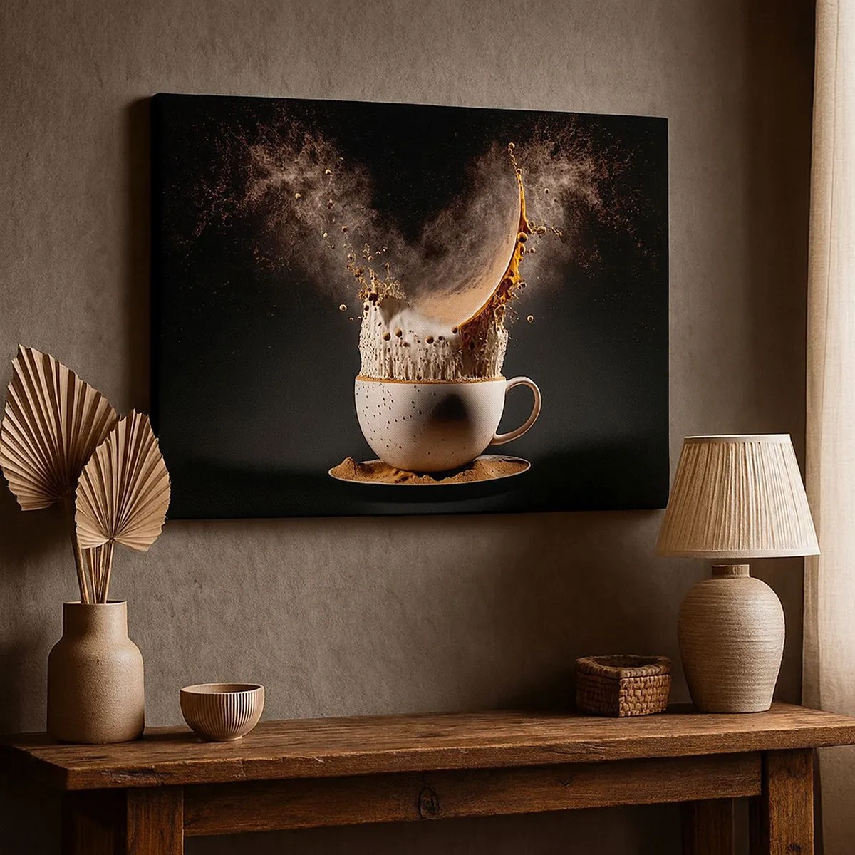 Schilderen op canvas - Een kopje koffie met een dynamische explosie van vloeistof op een zwarte achtergrond. - 70x50cm - Een explosie van smaak - Moderne wanddecoratie voor woonkamer en slaapkamer ARTTOR