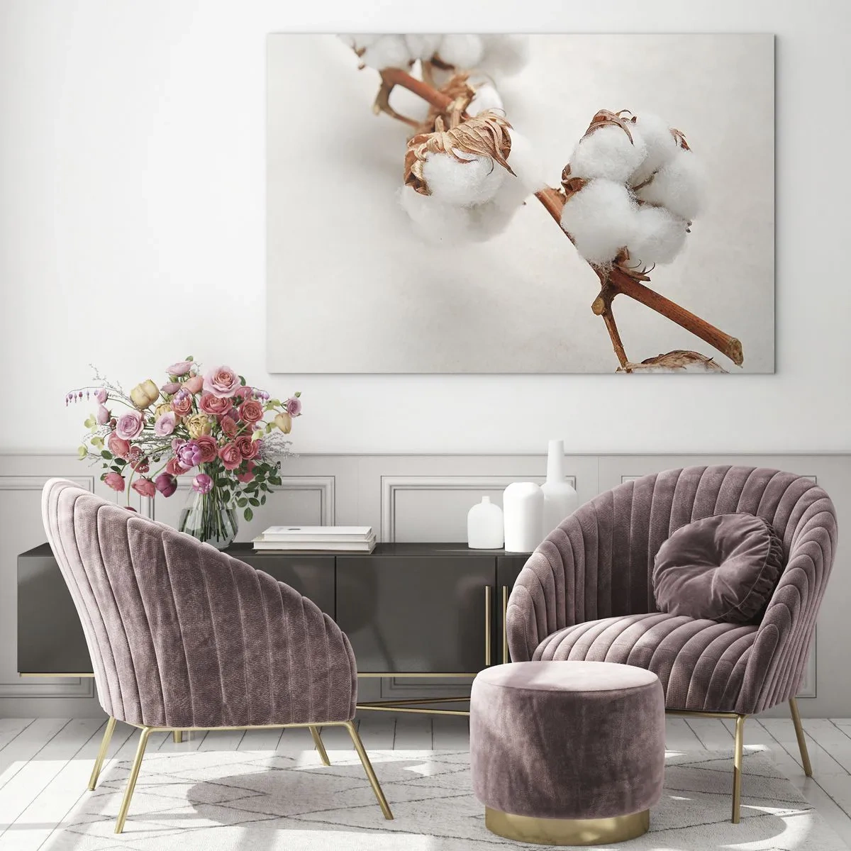 Schilderen op glas - Close-up van een katoentak tegen een lichte achtergrond - 70x50cm - Gewoon een knuffel - Moderne wanddecoratie voor woonkamer en slaapkamer ARTTOR