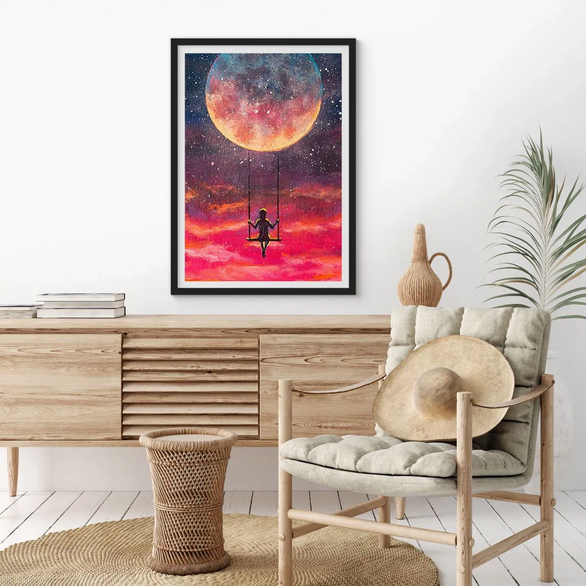 Poster in een zwarte lijst - Meisje op een schommel onder de volle maan - 50x70cm - Droom - Moderne wanddecoratie voor woonkamer en slaapkamer ARTTOR