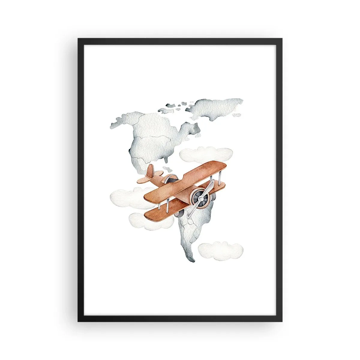 Poster in een zwarte lijst - Een dubbeldekker boven een wereldkaart in de wolken - 50x70cm - In een pioniersgeest - Moderne wanddecoratie voor woonkamer en slaapkamer ARTTOR