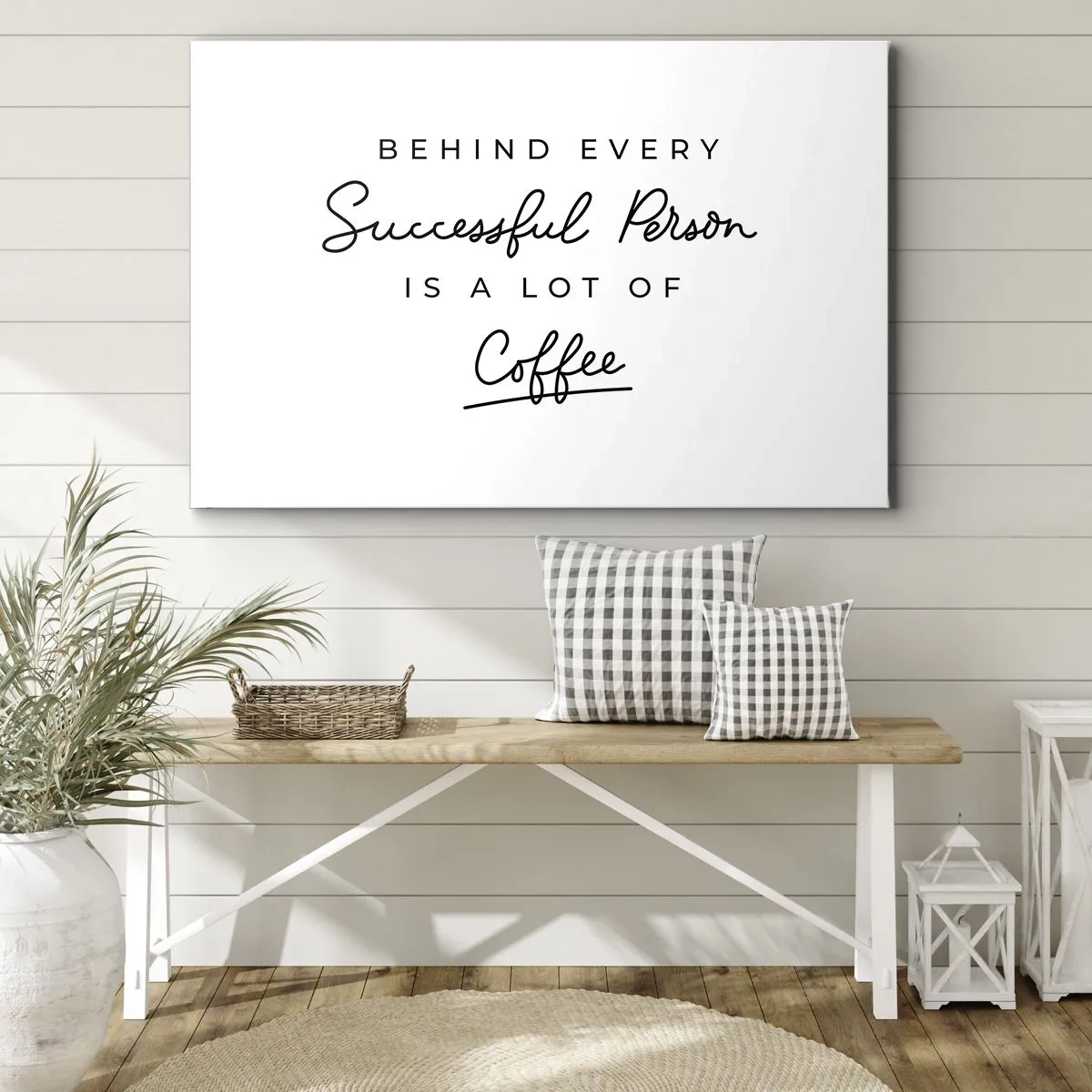 Schilderen op canvas - Een minimalistisch citaat over succes en koffie op een witte achtergrond. - 70x50cm - Het geheim van succes - Moderne wanddecoratie voor woonkamer en slaapkamer ARTTOR