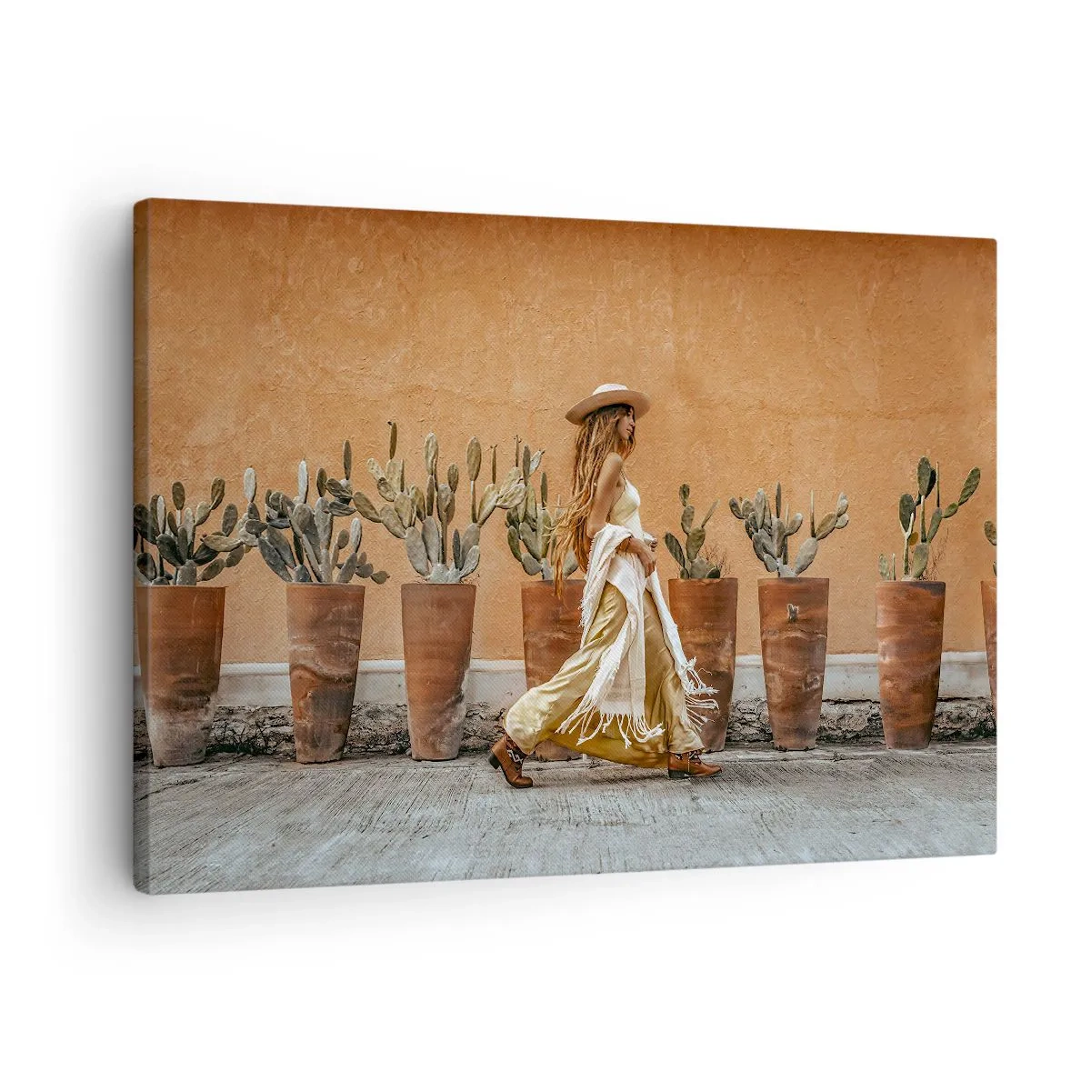 Schilderen op canvas - Een vrouw in boho-stijl met potten vol cactussen op de achtergrond. - 70x50cm - Hippie-stijl - Moderne wanddecoratie voor woonkamer en slaapkamer ARTTOR