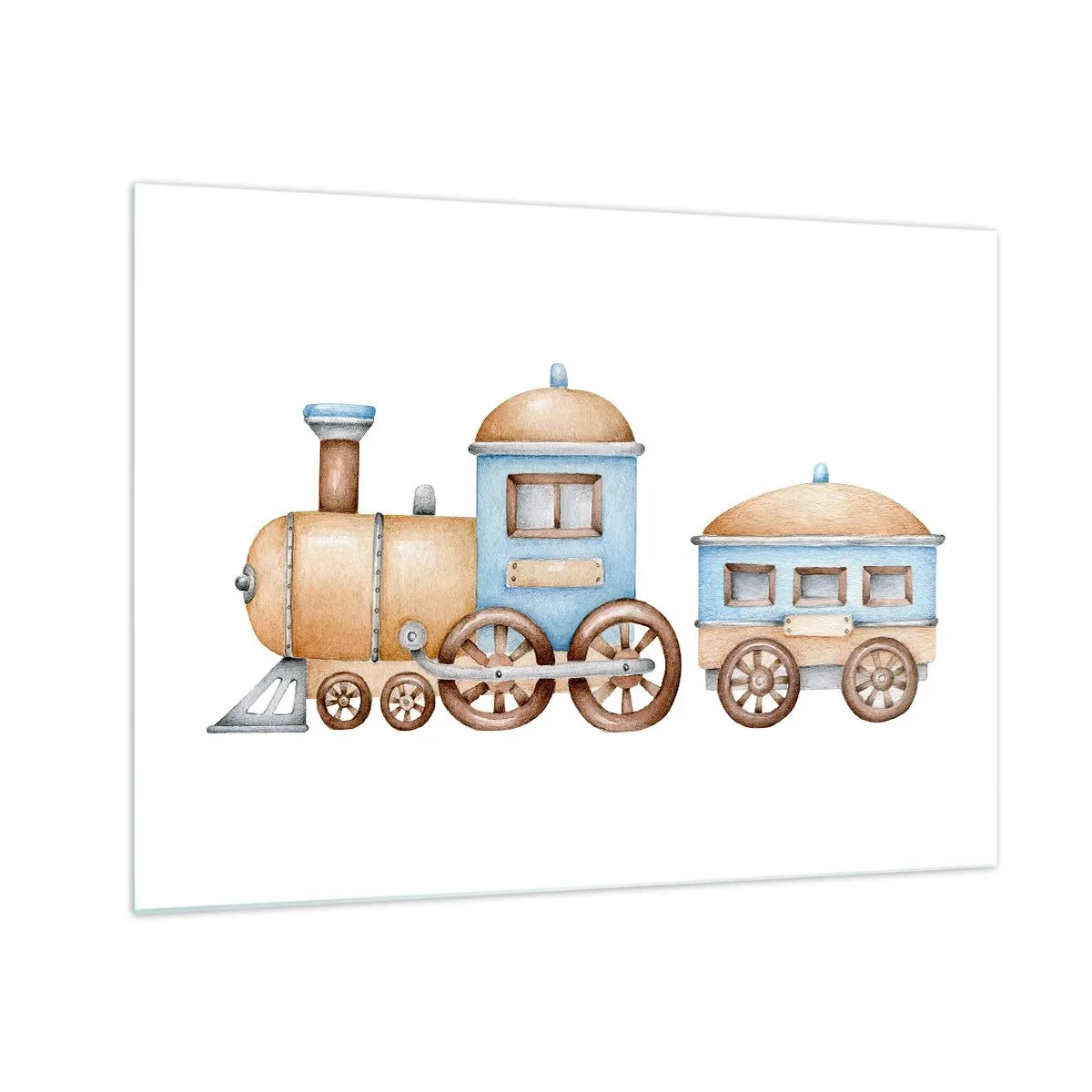 Schilderen op glas - Illustratie van een stoomtrein in tinten blauw en beige op een witte achtergrond - 70x50cm - Hij staat op het station... - Moderne wanddecoratie voor woonkamer en slaapkamer ARTTOR