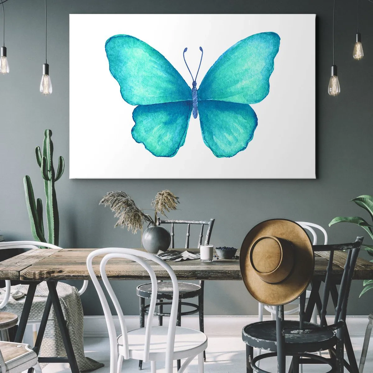 Schilderen op canvas - Blauwe vlinder in aquarelstijl op witte achtergrond - 70x50cm - Turkoois van nature - Moderne wanddecoratie voor woonkamer en slaapkamer ARTTOR