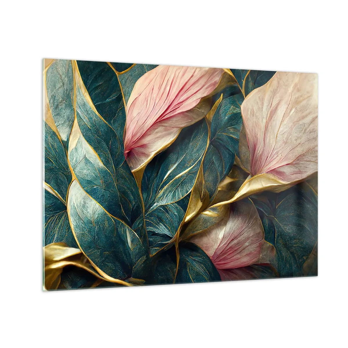 Schilderen op glas - Groene en roze bladeren met gouden accenten - 70x50cm - Natuurlijke elegantie en stijl - Moderne wanddecoratie voor woonkamer en slaapkamer ARTTOR