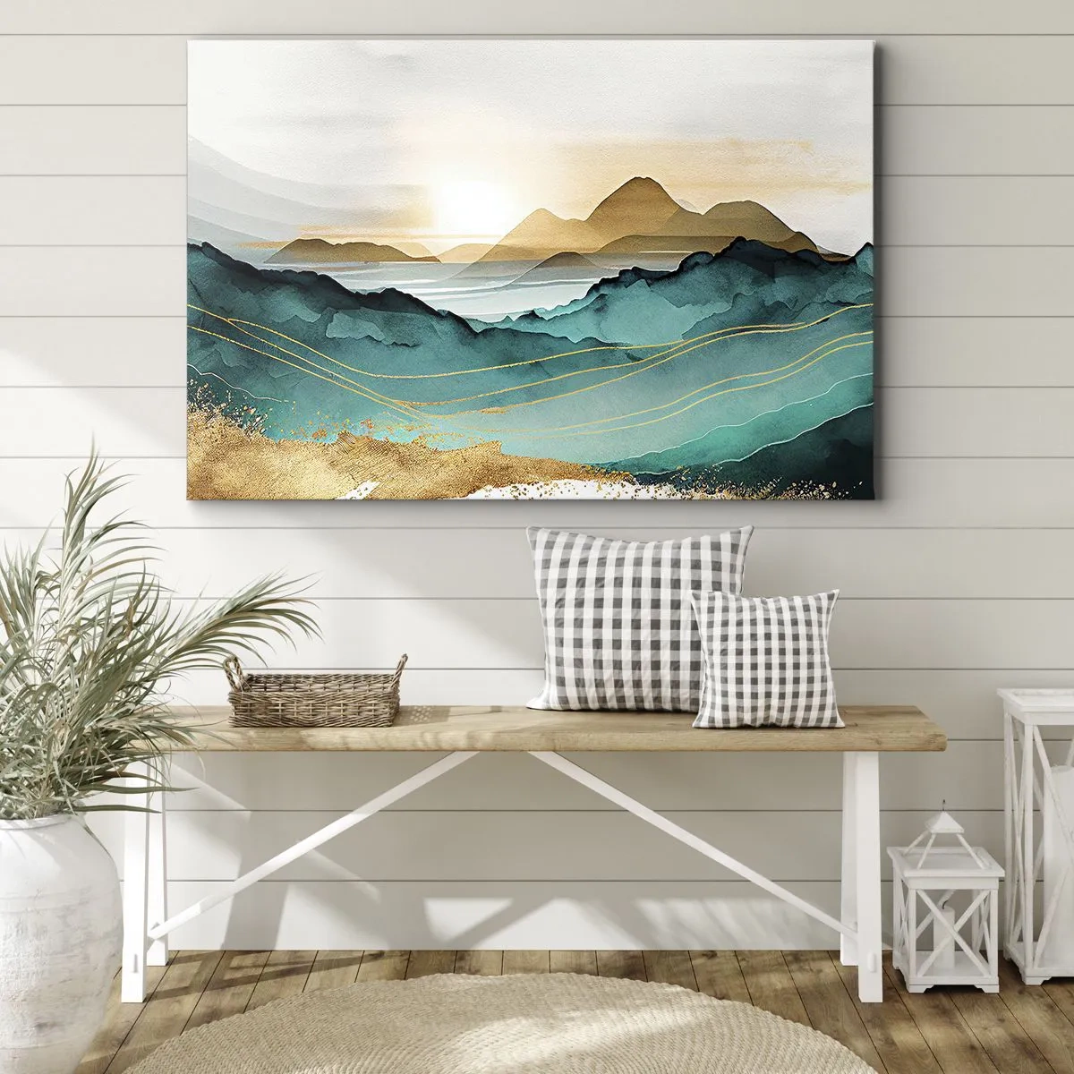 Schilderen op canvas - Abstract landschap met bergen en gouden accenten - 70x50cm - Op de rand van abstractie – landschap - Moderne wanddecoratie voor woonkamer en slaapkamer ARTTOR