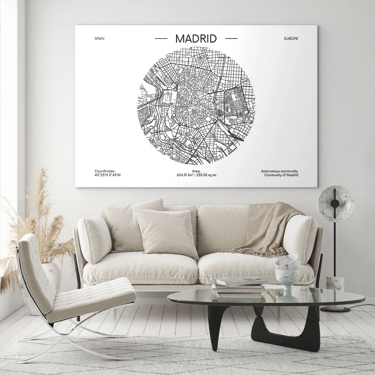 Schilderen op glas - Een minimalistische zwart-witte kaart van Madrid in een cirkelvorm. - 70x50cm - Anatomie van Madrid - Moderne wanddecoratie voor woonkamer en slaapkamer ARTTOR