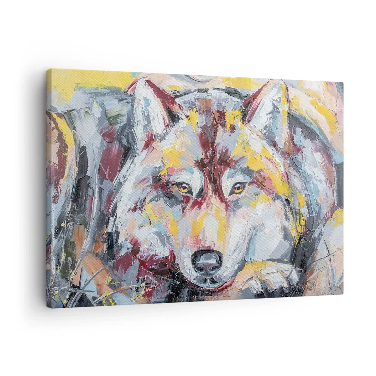 Schilderen op canvas - Artistiek portret van een wolf in intense kleuren - 70x50cm - Gemoedsrust onder dierbaren - Moderne wanddecoratie voor woonkamer en slaapkamer ARTTOR