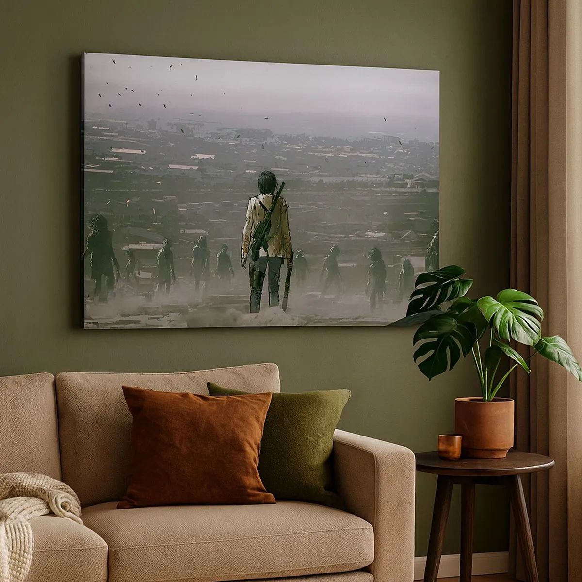 Schilderen op canvas - Een figuur met een geweer staat voor een groep mensen in een dystopisch landschap. - 70x50cm - Laatste Rechtvaardige? - Moderne wanddecoratie voor woonkamer en slaapkamer ARTTOR