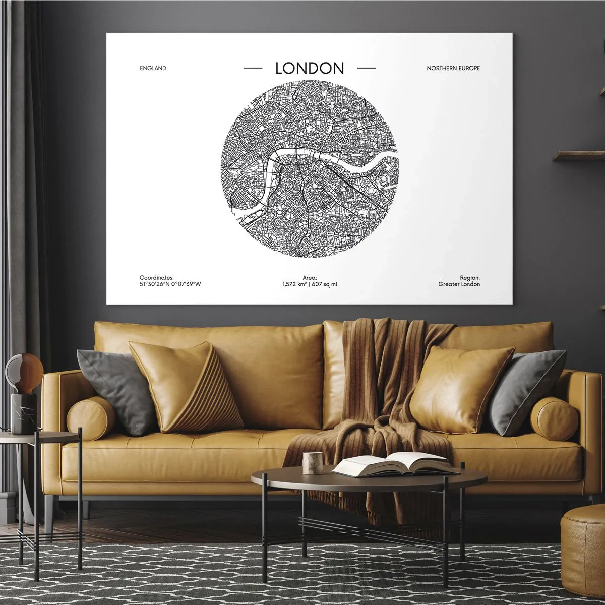 Schilderen op glas - Een gedetailleerde kaart van Londen in grafische zwart-witstijl. - 70x50cm - Anatomie van Londen - Moderne wanddecoratie voor woonkamer en slaapkamer ARTTOR