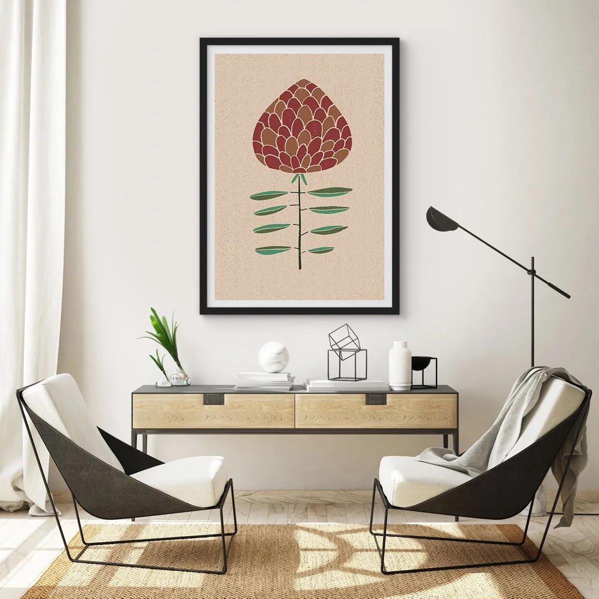 Poster in een zwarte lijst - Abstracte bloem in warme kleuren op een beige achtergrond - 50x70cm - Als een geweldige kerel - Moderne wanddecoratie voor woonkamer en slaapkamer ARTTOR