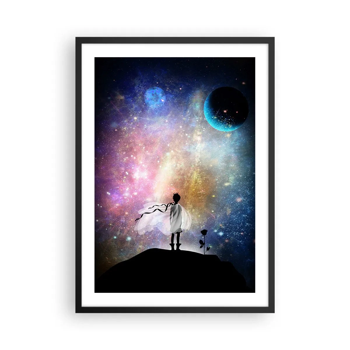 Poster in een zwarte lijst - Een fantastische ruimtescène met een silhouet van een personage en een roos - 50x70cm - Kleine Prins - Moderne wanddecoratie voor woonkamer en slaapkamer ARTTOR
