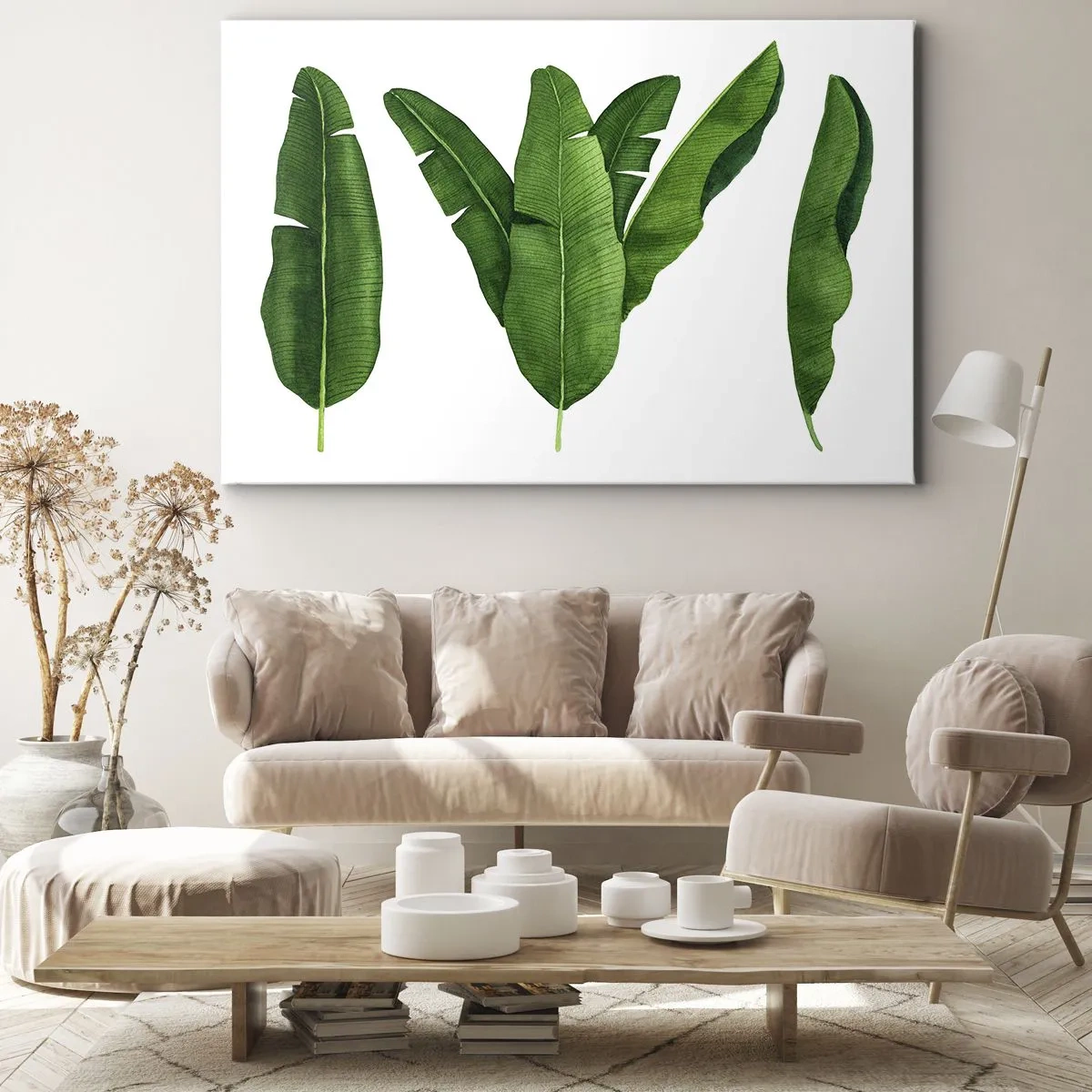 Schilderen op canvas - Drie bananenbladeren in een artistieke benadering - 70x50cm - Groene symmetrie - Moderne wanddecoratie voor woonkamer en slaapkamer ARTTOR