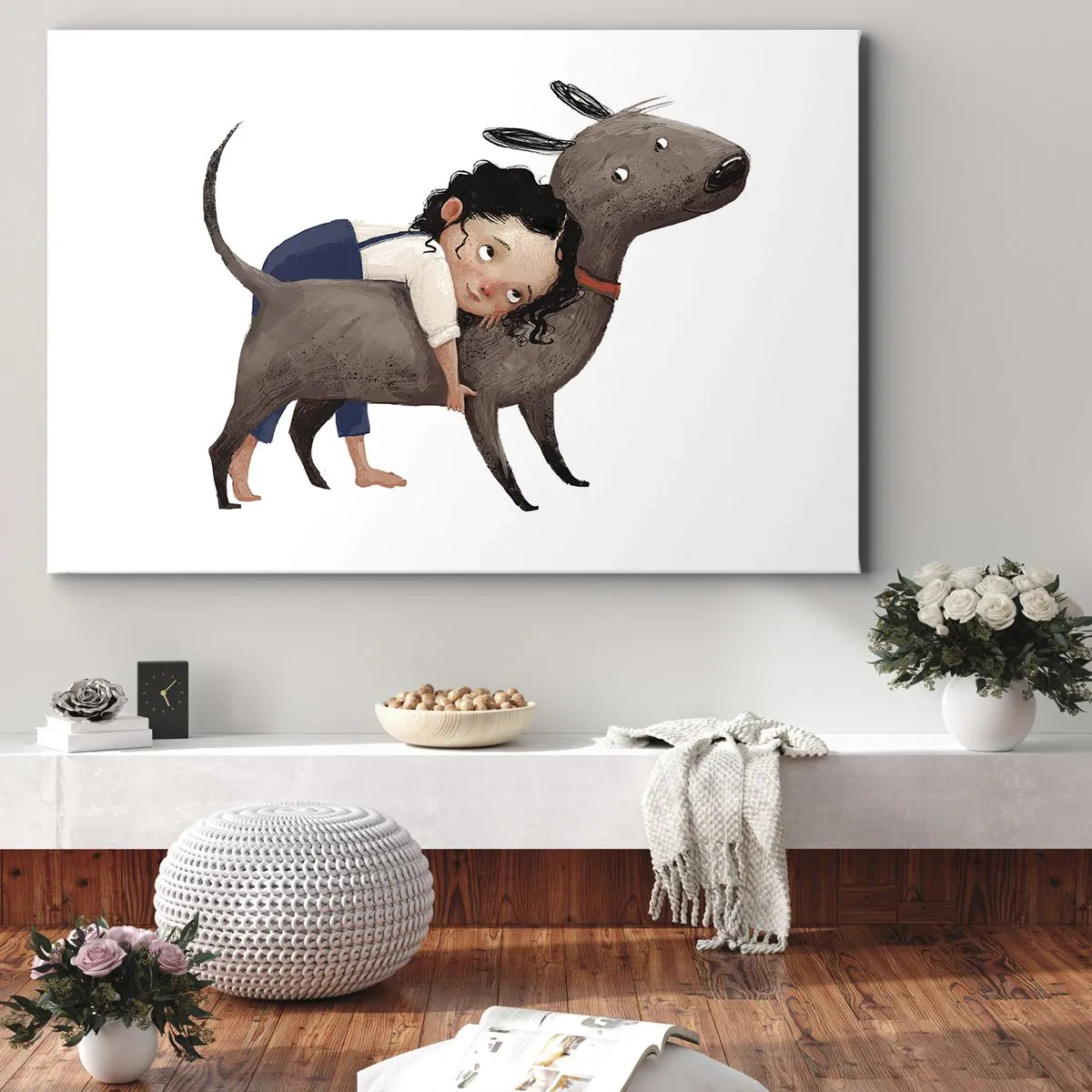 Schilderen op canvas - Cartoonachtige illustratie van een kind dat een hond knuffelt - 70x50cm - Beste vrienden - Moderne wanddecoratie voor woonkamer en slaapkamer ARTTOR