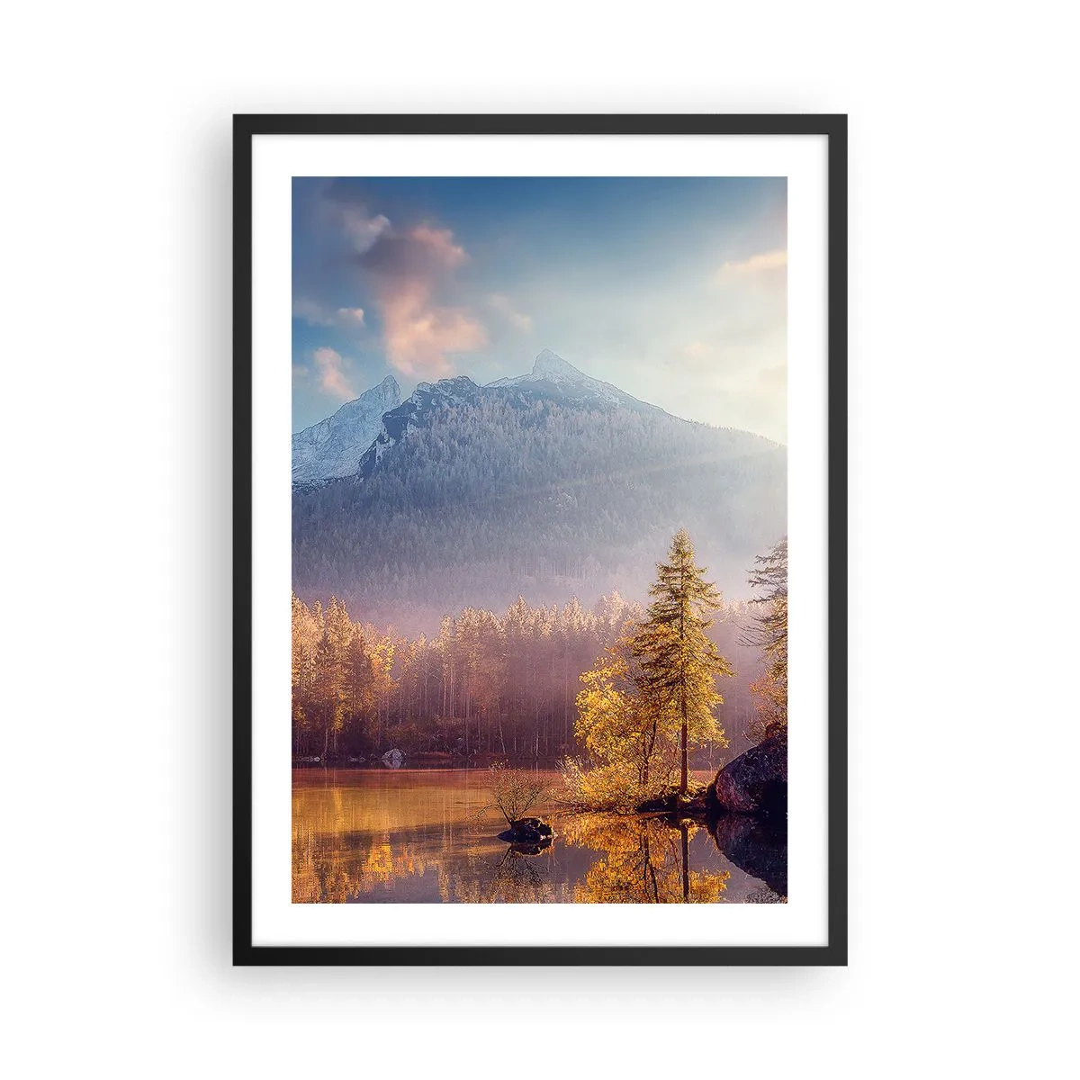 Poster in een zwarte lijst - Herfstberglandschap met weerspiegeling in het meer - 50x70cm - In bergen en dalen - Moderne wanddecoratie voor woonkamer en slaapkamer ARTTOR