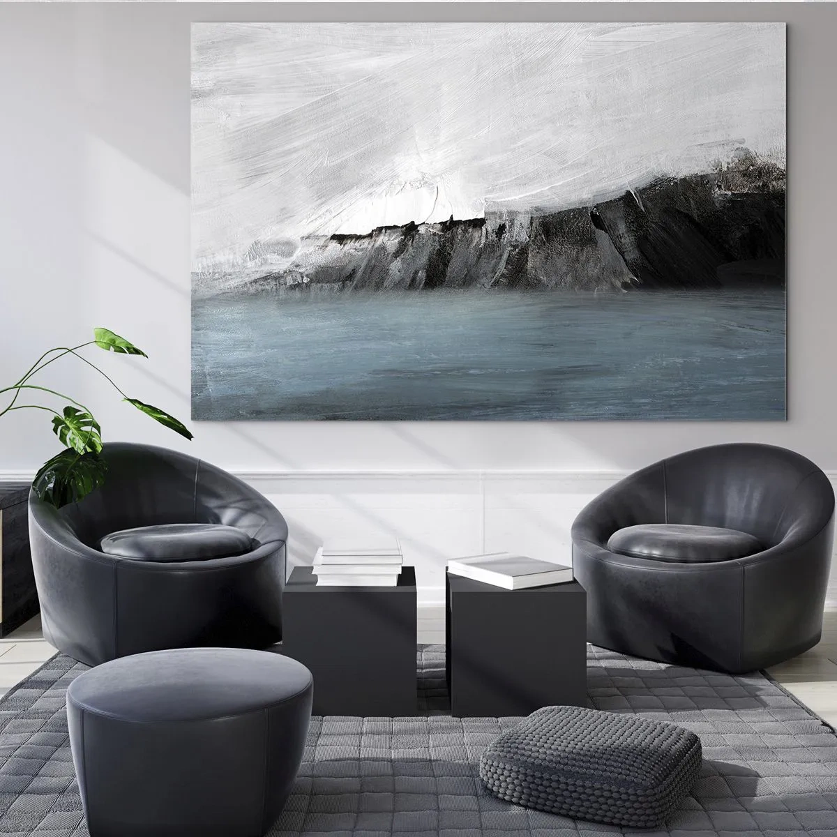 Schilderen op glas - Abstracte compositie in tinten blauw, wit en zwart - 70x50cm - Water – aarde: botsing der elementen - Moderne wanddecoratie voor woonkamer en slaapkamer ARTTOR