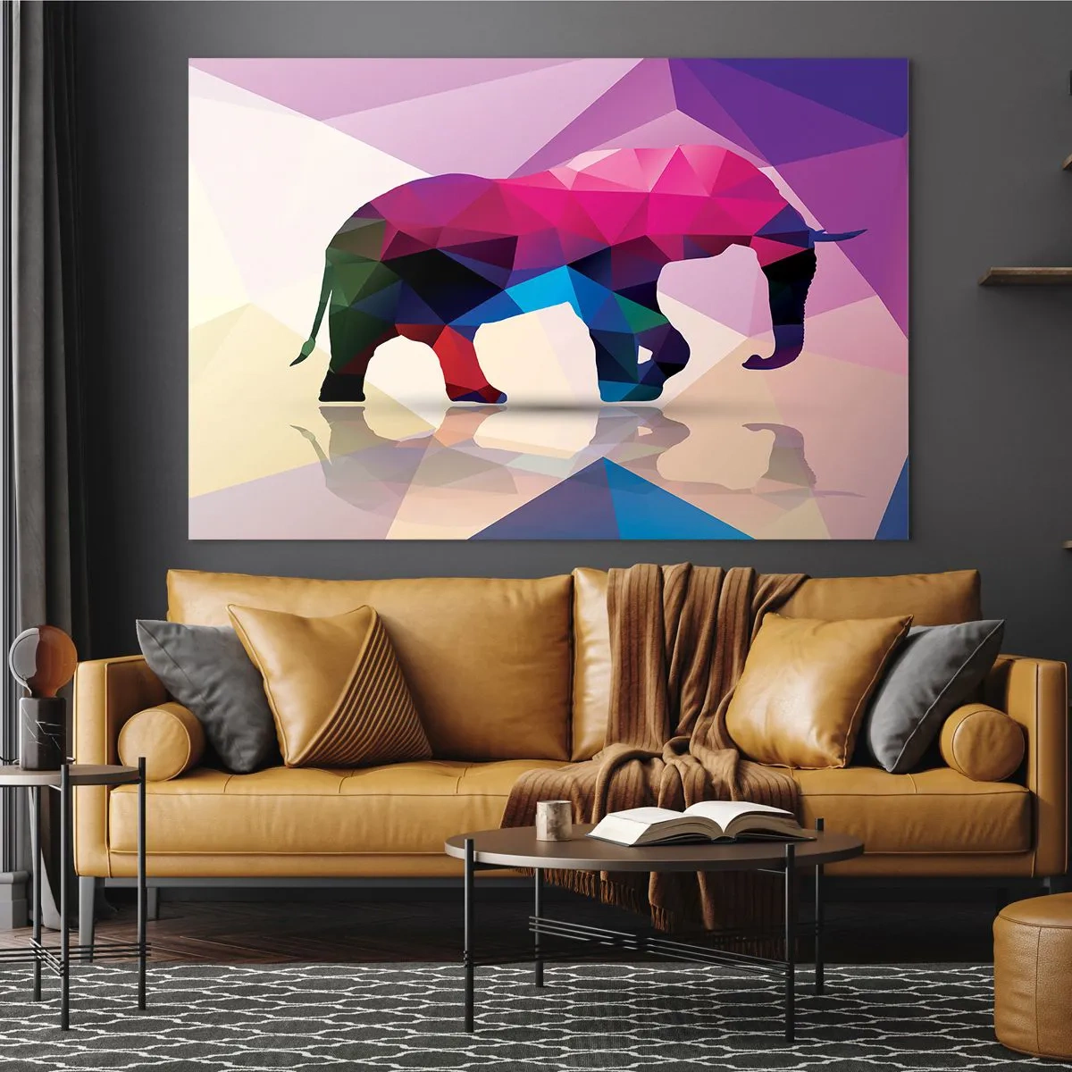 Schilderen op glas - Geometrische olifant in levendige kleurrijke abstractie - 70x50cm - Kristallen dinosaurus - Moderne wanddecoratie voor woonkamer en slaapkamer ARTTOR