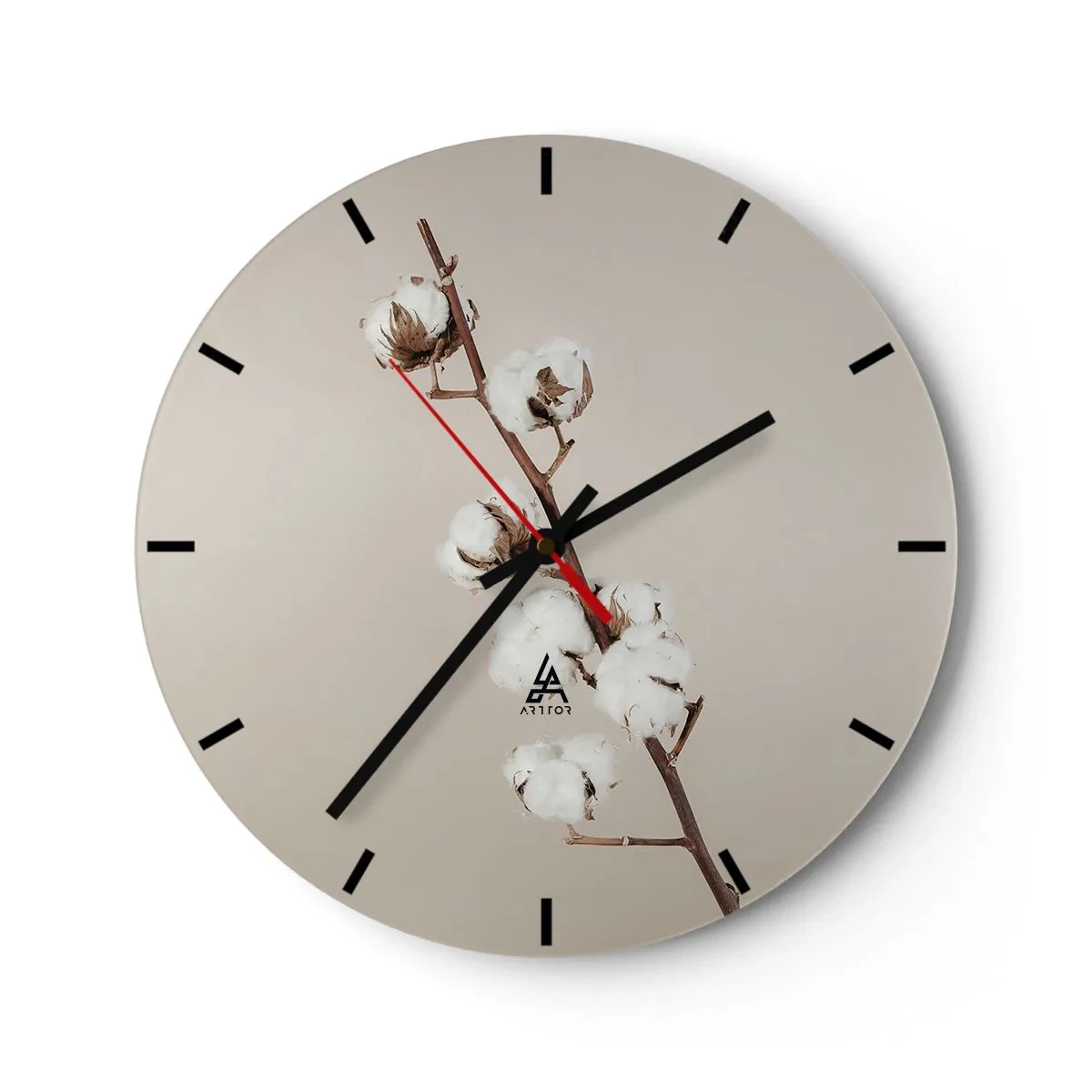 Wandklok - Klok - Een takje katoen op een beige achtergrond in minimalistische stijl - 30x30cm - Aan de bron van zachtheid - Moderne wanddecoratie voor woonkamer, keuken en slaapkamer ARTTOR