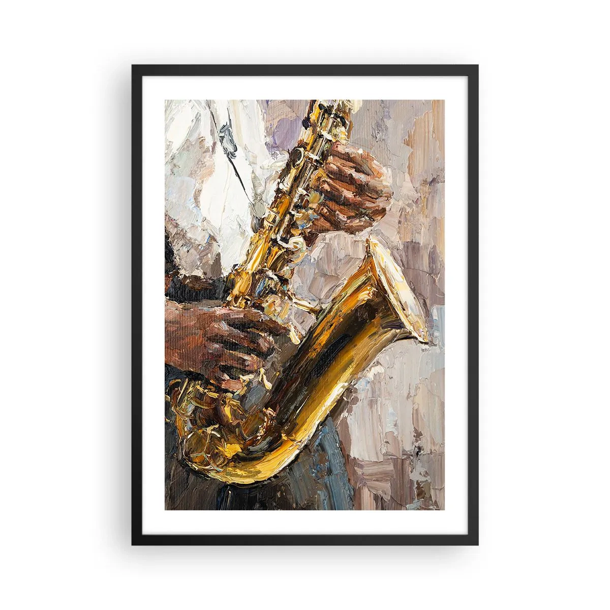 Poster in een zwarte lijst - Een saxofonist die in een artistieke schilderstijl speelt - 50x70cm - Tijd om te solo te spelen - Moderne wanddecoratie voor woonkamer en slaapkamer ARTTOR