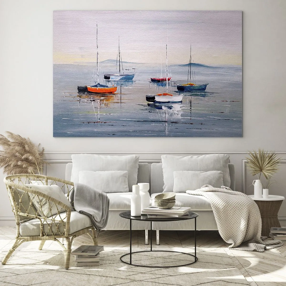 Schilderen op glas - Kleurrijke boten die bij zonsondergang op het kalme water drijven - 70x50cm - Een welverdiende rust - Moderne wanddecoratie voor woonkamer en slaapkamer ARTTOR