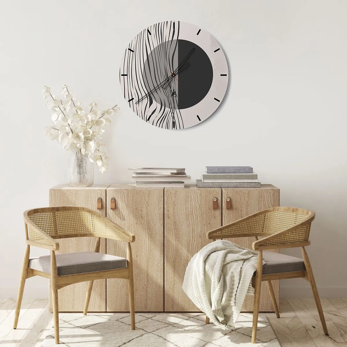 Wandklok - Klok - Abstracte compositie met golven en een cirkel - 30x30cm - Halve compositie - Moderne wanddecoratie voor woonkamer, keuken en slaapkamer ARTTOR
