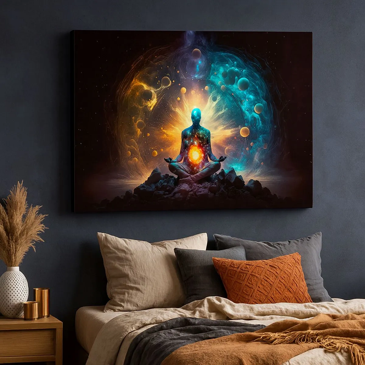 Schilderen op canvas - Een figuur in meditatie, omgeven door een kosmische aura - 70x50cm - Kosmische vrede - Moderne wanddecoratie voor woonkamer en slaapkamer ARTTOR