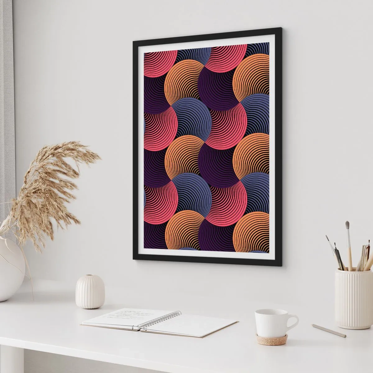 Poster in een zwarte lijst - Geometrisch patroon met kleurrijke, concentrische cirkels - 50x70cm - In een cirkelvormig ritme - Moderne wanddecoratie voor woonkamer en slaapkamer ARTTOR
