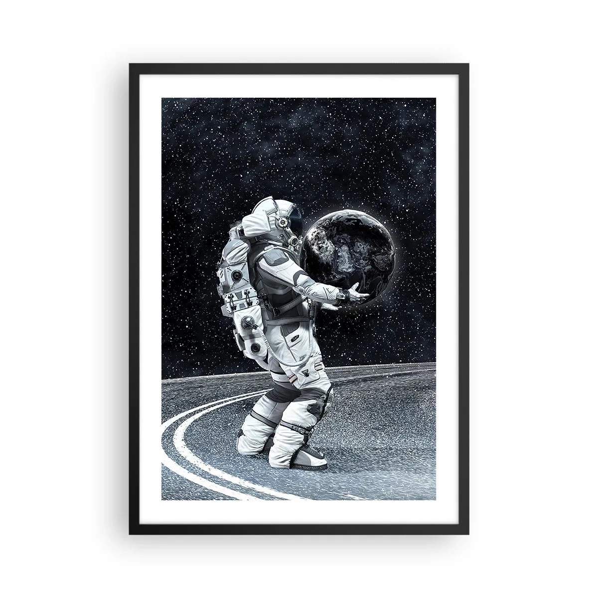 Poster in een zwarte lijst - Een astronaut in de ruimte die een bol vasthoudt die lijkt op de Aarde. - 50x70cm - Op de Melkweg - Moderne wanddecoratie voor woonkamer en slaapkamer ARTTOR