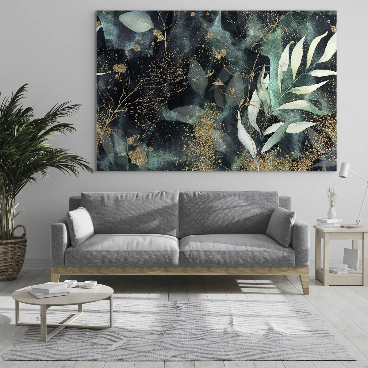 Schilderen op glas - Goud en groene bladeren op een donkere achtergrond - 70x50cm - Magische tuin - Moderne wanddecoratie voor woonkamer en slaapkamer ARTTOR