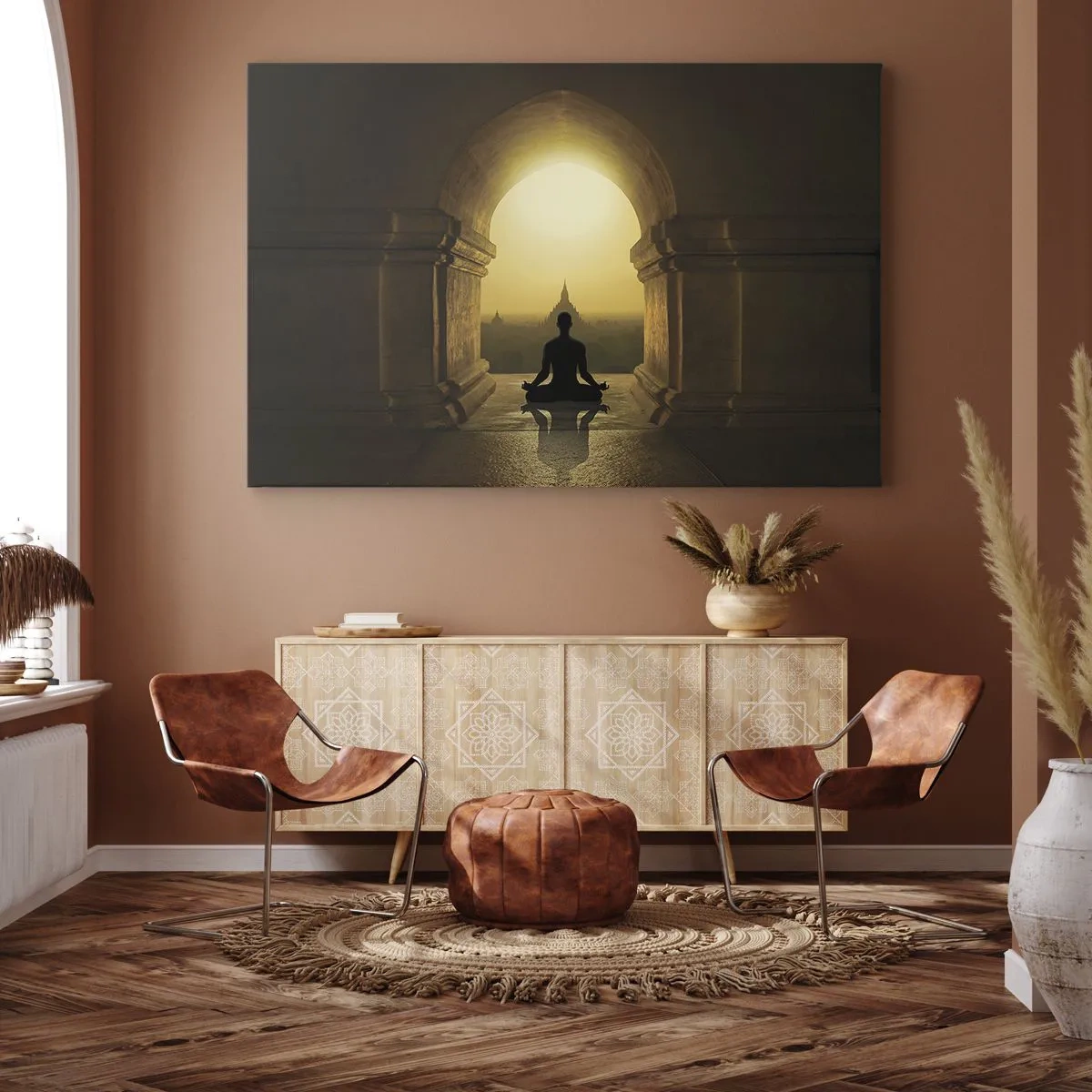 Schilderen op canvas - Silhouet van een mediterende persoon in het licht van de ondergaande zon - 70x50cm - Volledige harmonie - Moderne wanddecoratie voor woonkamer en slaapkamer ARTTOR