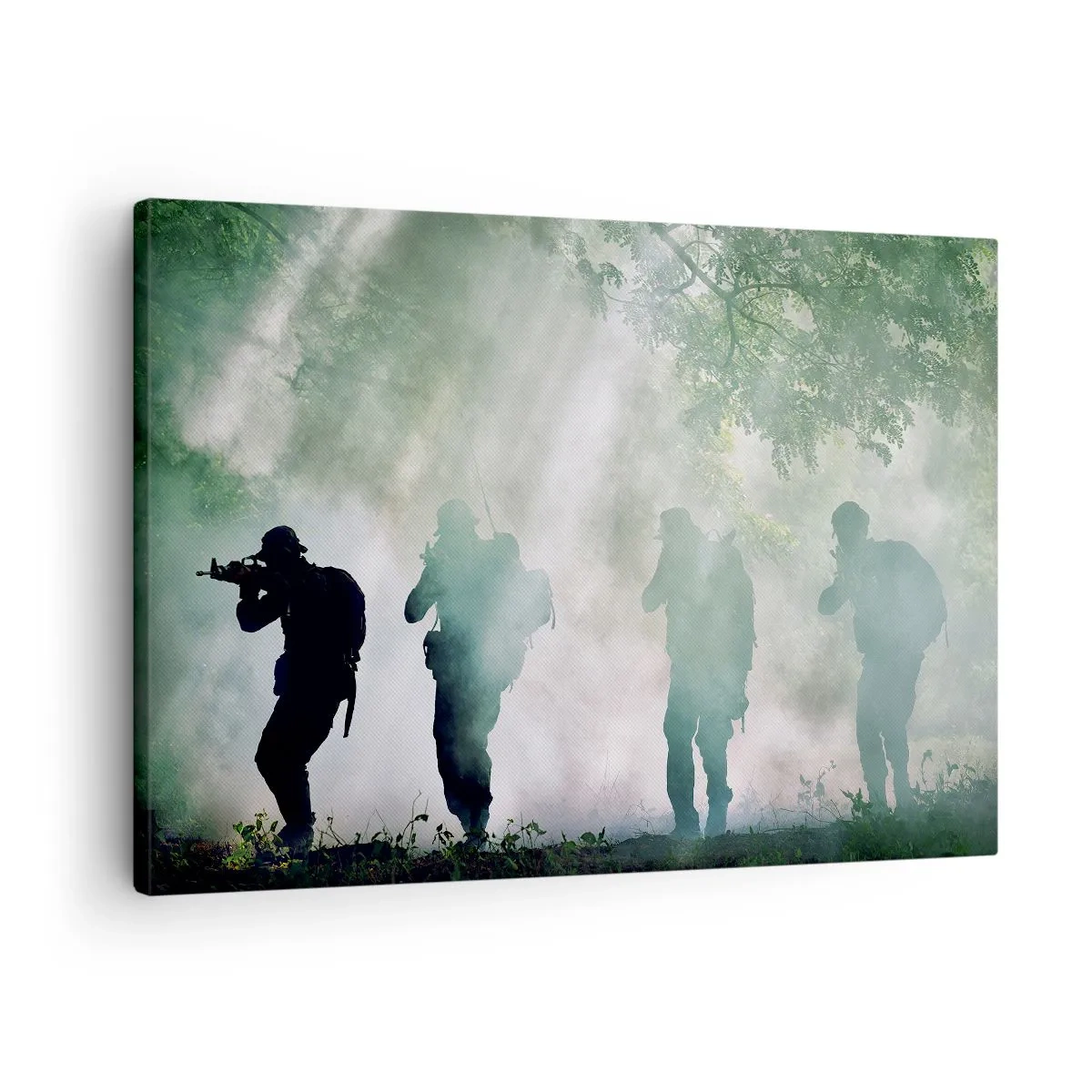 Schilderen op canvas - Silhouetten van soldaten in een bos omgeven door mist - 70x50cm - Een voor allen… - Moderne wanddecoratie voor woonkamer en slaapkamer ARTTOR