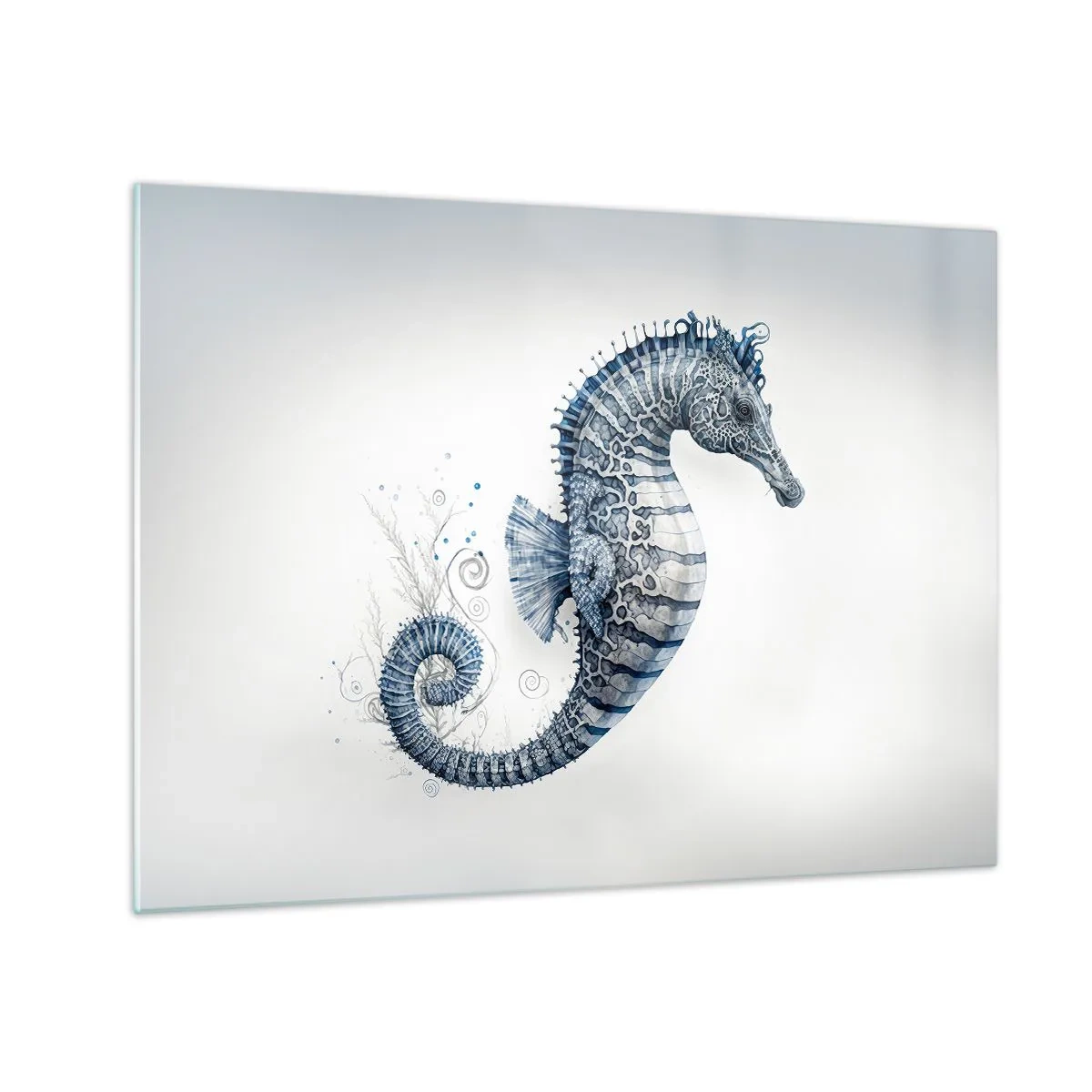 Schilderen op glas - Blauw zeepaardje op een lichte achtergrond in een tekenstijl - 70x50cm - Een subtiele grap van de natuur - Moderne wanddecoratie voor woonkamer en slaapkamer ARTTOR