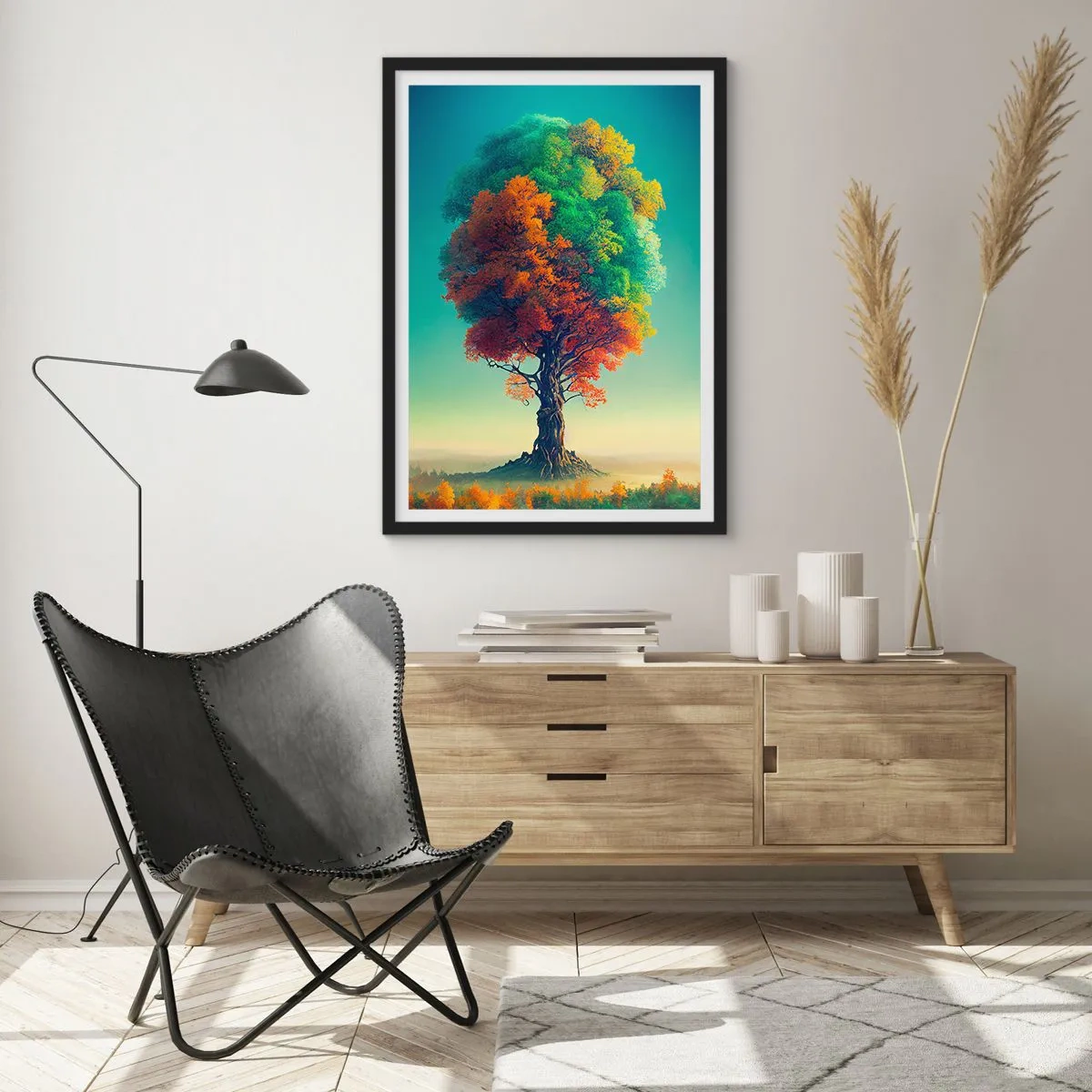 Poster in een zwarte lijst - Een boom in de kleuren van de vier seizoenen - 50x70cm - Eik – de vader van de natuur - Moderne wanddecoratie voor woonkamer en slaapkamer ARTTOR