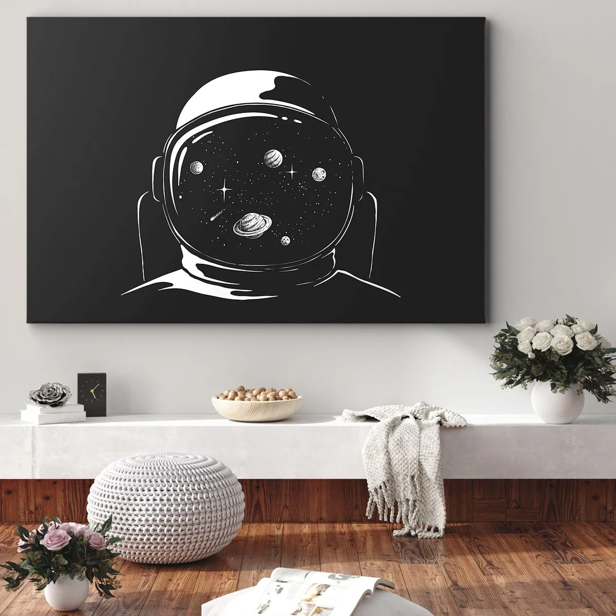 Schilderen op canvas - Een minimalistische astronautenhelm met uitzicht op de ruimte - 70x50cm - Mooi uitzicht - Moderne wanddecoratie voor woonkamer en slaapkamer ARTTOR