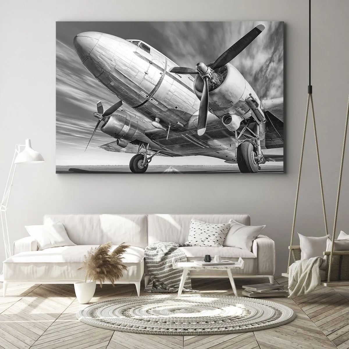 Schilderen op canvas - Een zwart-witfoto van een klassiek vliegtuig met zichtbare structurele details. - 70x50cm - Altijd klaar om te vliegen - Moderne wanddecoratie voor woonkamer en slaapkamer ARTTOR