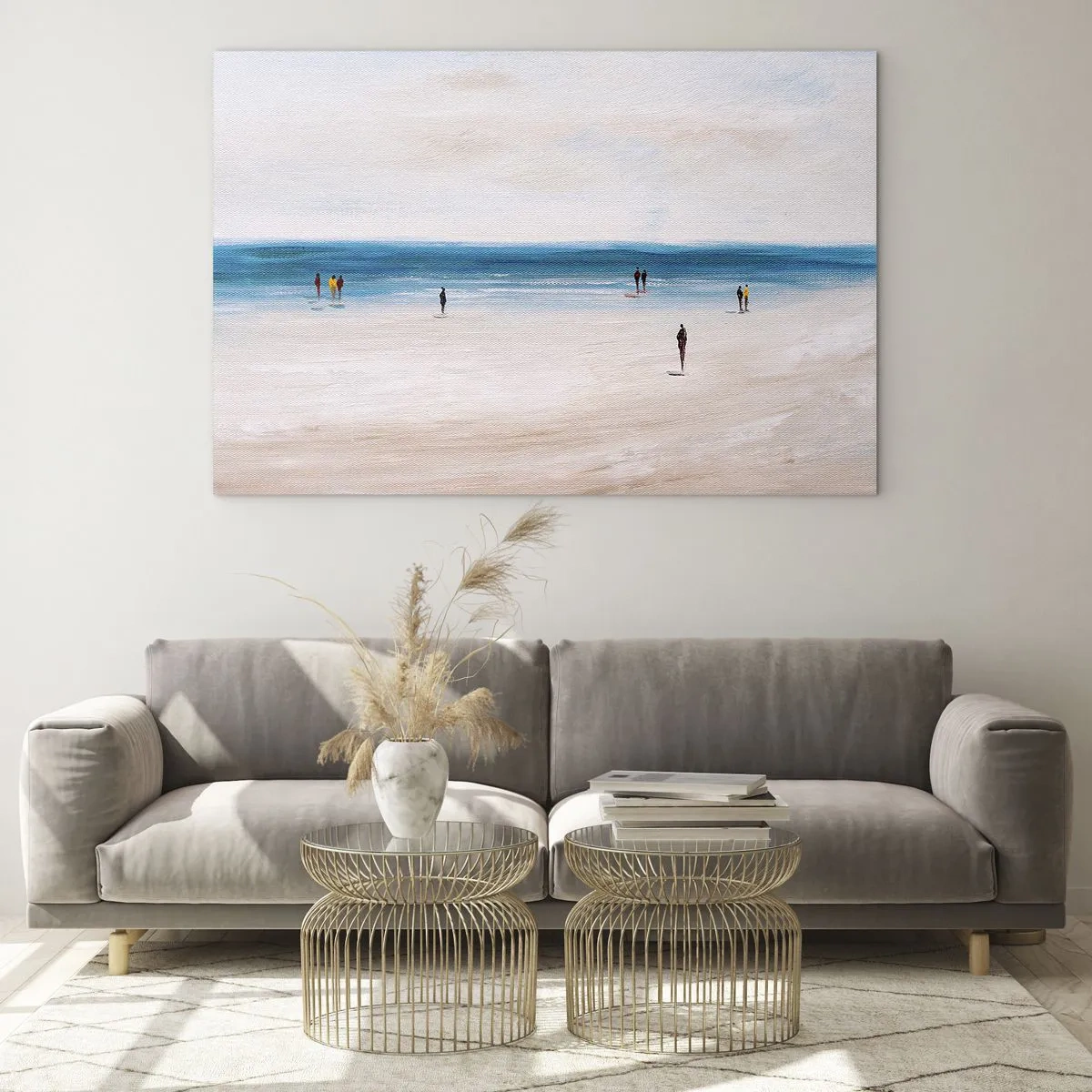 Schilderen op glas - Een rustig strand met silhouetten van mensen die langs de kustlijn lopen - 70x50cm - Een natuurlijke behoefte - Moderne wanddecoratie voor woonkamer en slaapkamer ARTTOR