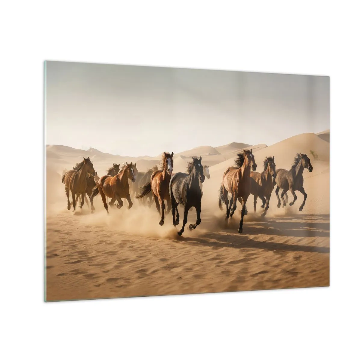 Schilderen op glas - Een kudde galopperende paarden in de woestijn tussen de zandduinen - 70x50cm - Vrij als de wind - Moderne wanddecoratie voor woonkamer en slaapkamer ARTTOR