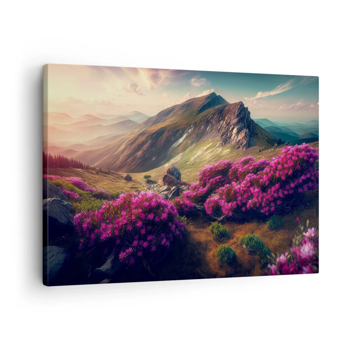 Schilderen op canvas - Berglandschap met bloeiende rododendrons - 70x50cm - Zomer in de bergen - Moderne wanddecoratie voor woonkamer en slaapkamer ARTTOR