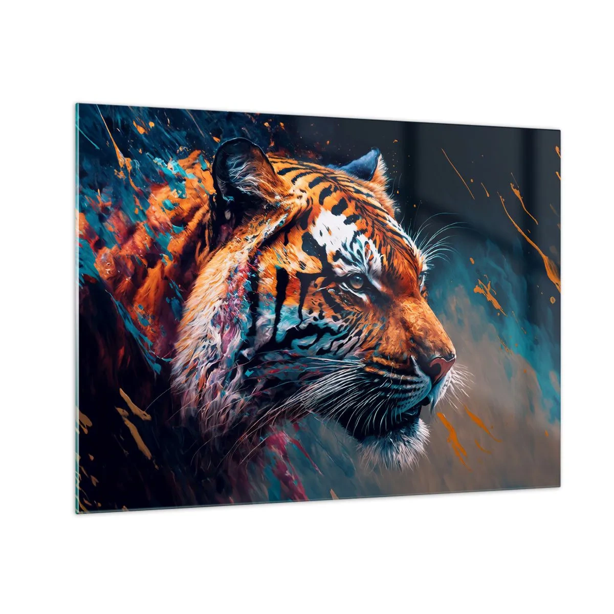 Schilderen op glas - Portret van een tijger in een artistieke explosie van kleuren - 70x50cm - Wilde schoonheid - Moderne wanddecoratie voor woonkamer en slaapkamer ARTTOR