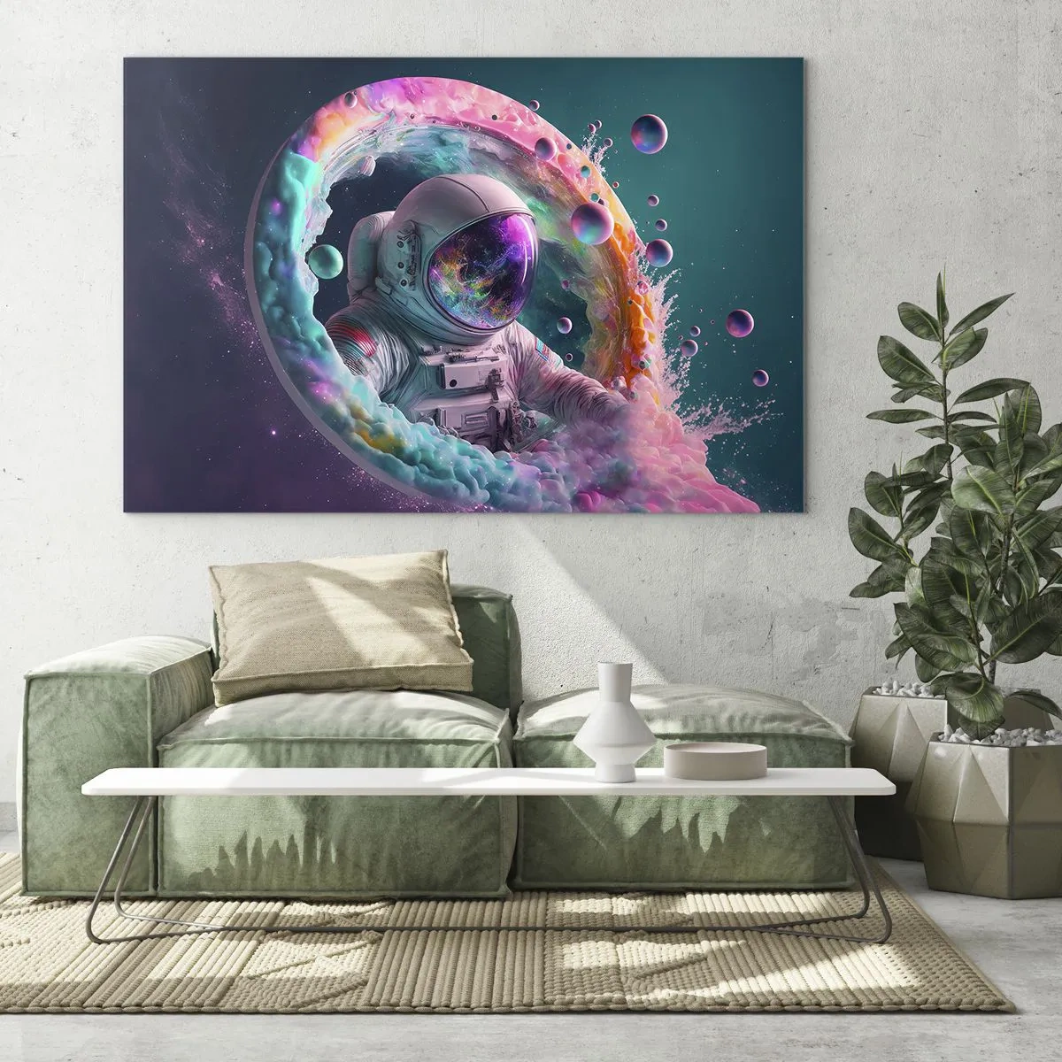 Schilderen op glas - Astronaut in de kleurrijke ruimte - 70x50cm - Sterrenpoort - Moderne wanddecoratie voor woonkamer en slaapkamer ARTTOR