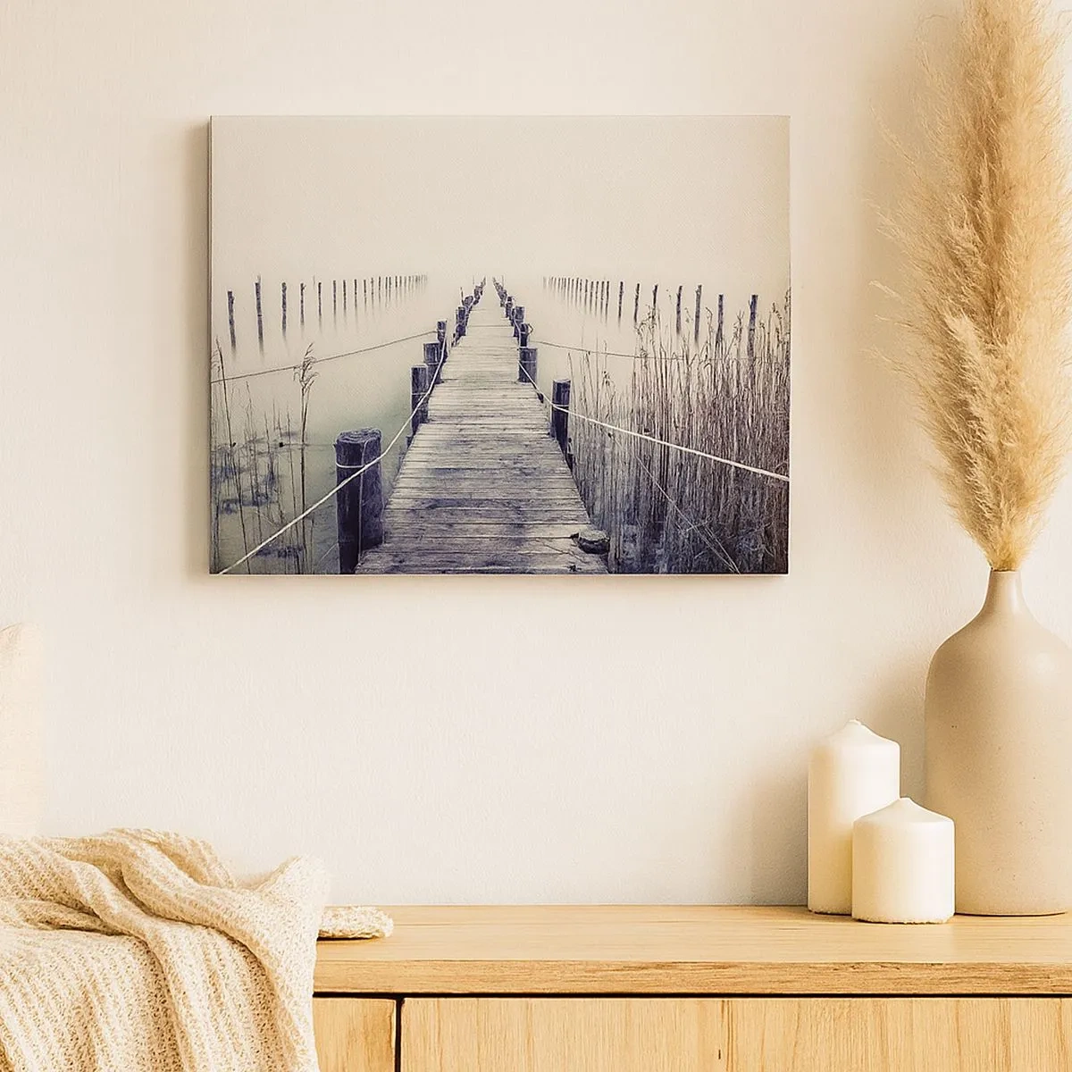 Schilderen op canvas - Een houten brug die naar een mistige ruimte leidt - 70x50cm - Dompel jezelf onder in vrede - Moderne wanddecoratie voor woonkamer en slaapkamer ARTTOR
