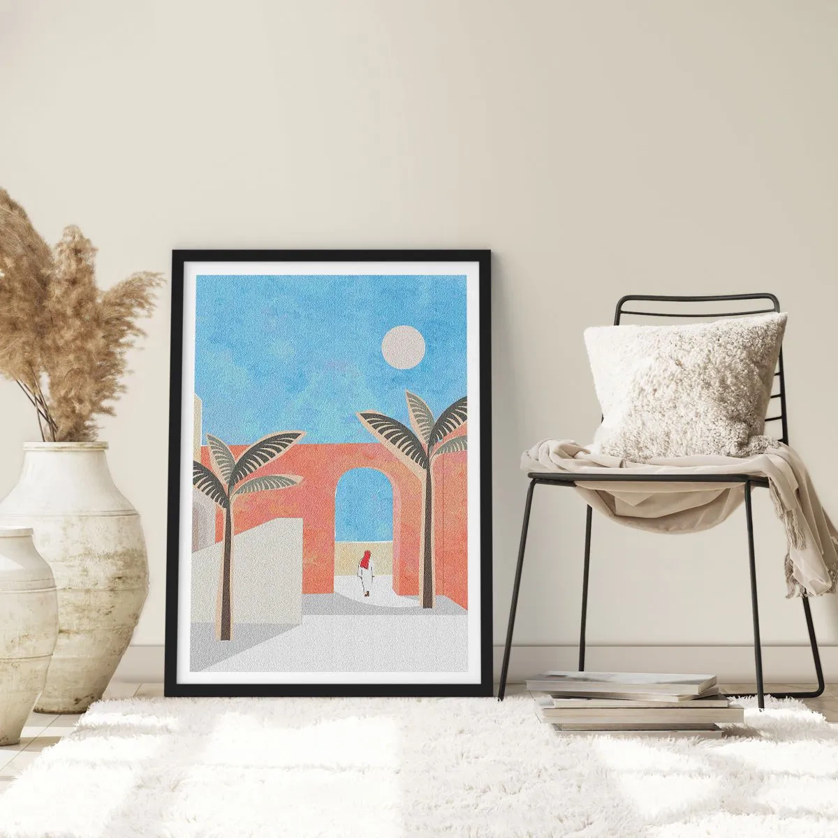 Poster in een zwarte lijst - Minimalistisch landschap met palmbomen en een boog - 50x70cm - Arabische dag - Moderne wanddecoratie voor woonkamer en slaapkamer ARTTOR