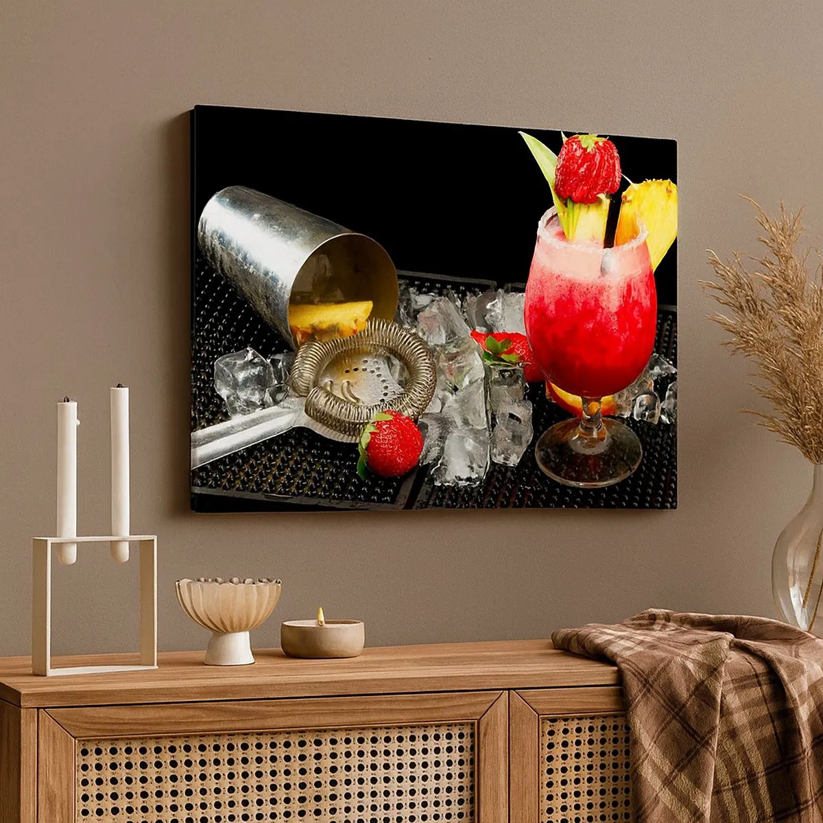 Schilderen op canvas - Een kleurrijke cocktail met aardbeien, ijs en ananas - 70x50cm - Tover een smaak - Moderne wanddecoratie voor woonkamer en slaapkamer ARTTOR